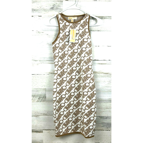 Michael Kors Women XXS Tan Empire Logo Jacquard Tank Stretch Mini Dress NEW - Picture 1 of 6